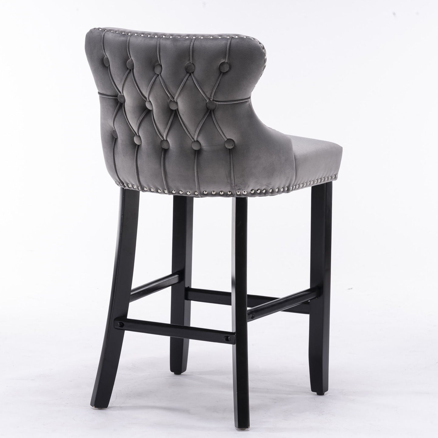 Contemporary Velvet Upholstered Wing-Back Barstools With Button Tufted Decoration And Wooden Legs, And Chrome Nailhead Trim, Leisure Style Bar Chairs, Bar Stools (Set of 4) - Gray