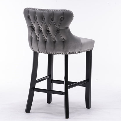 Contemporary Velvet Upholstered Wing-Back Barstools With Button Tufted Decoration And Wooden Legs, And Chrome Nailhead Trim, Leisure Style Bar Chairs, Bar Stools (Set of 4) - Gray