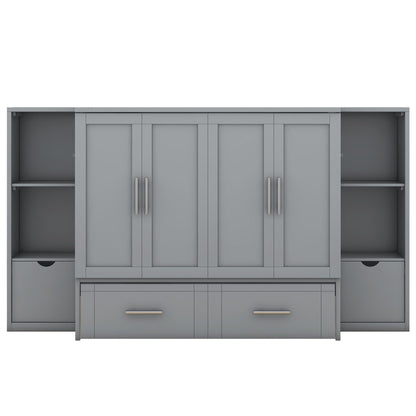 Queen Size Murphy Bed With Shelves, Drawers And USB Ports - Gray