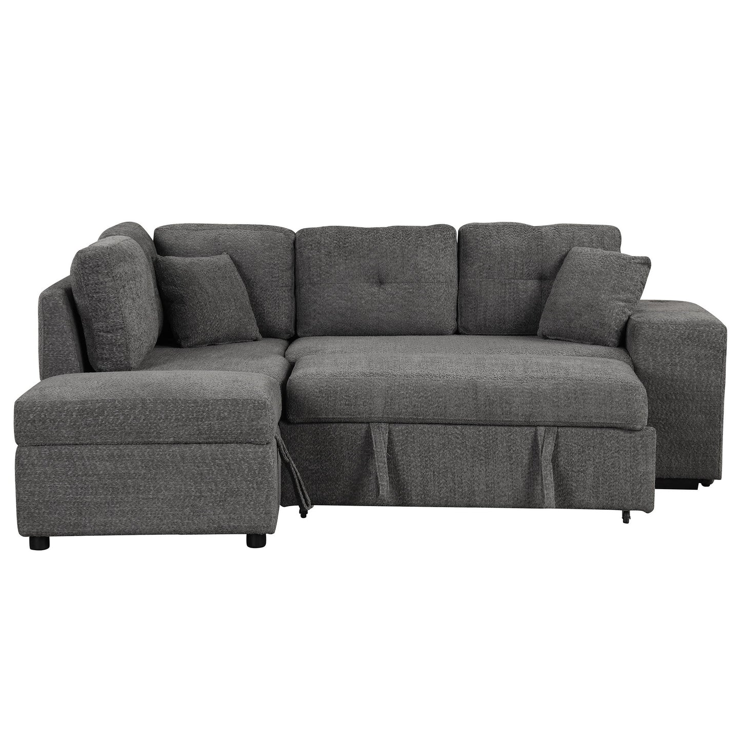 Convertible Sleeper, Sectional Pull Out Sofa Bed With Storage Ottoman, 2 Throw Pillows, 2 Stools, Wireless Charger And Two Hidden USB Ports For Living Room - Dark Gray