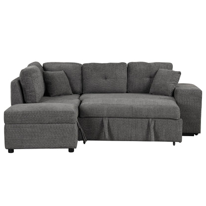 Convertible Sleeper, Sectional Pull Out Sofa Bed With Storage Ottoman, 2 Throw Pillows, 2 Stools, Wireless Charger And Two Hidden USB Ports For Living Room - Dark Gray