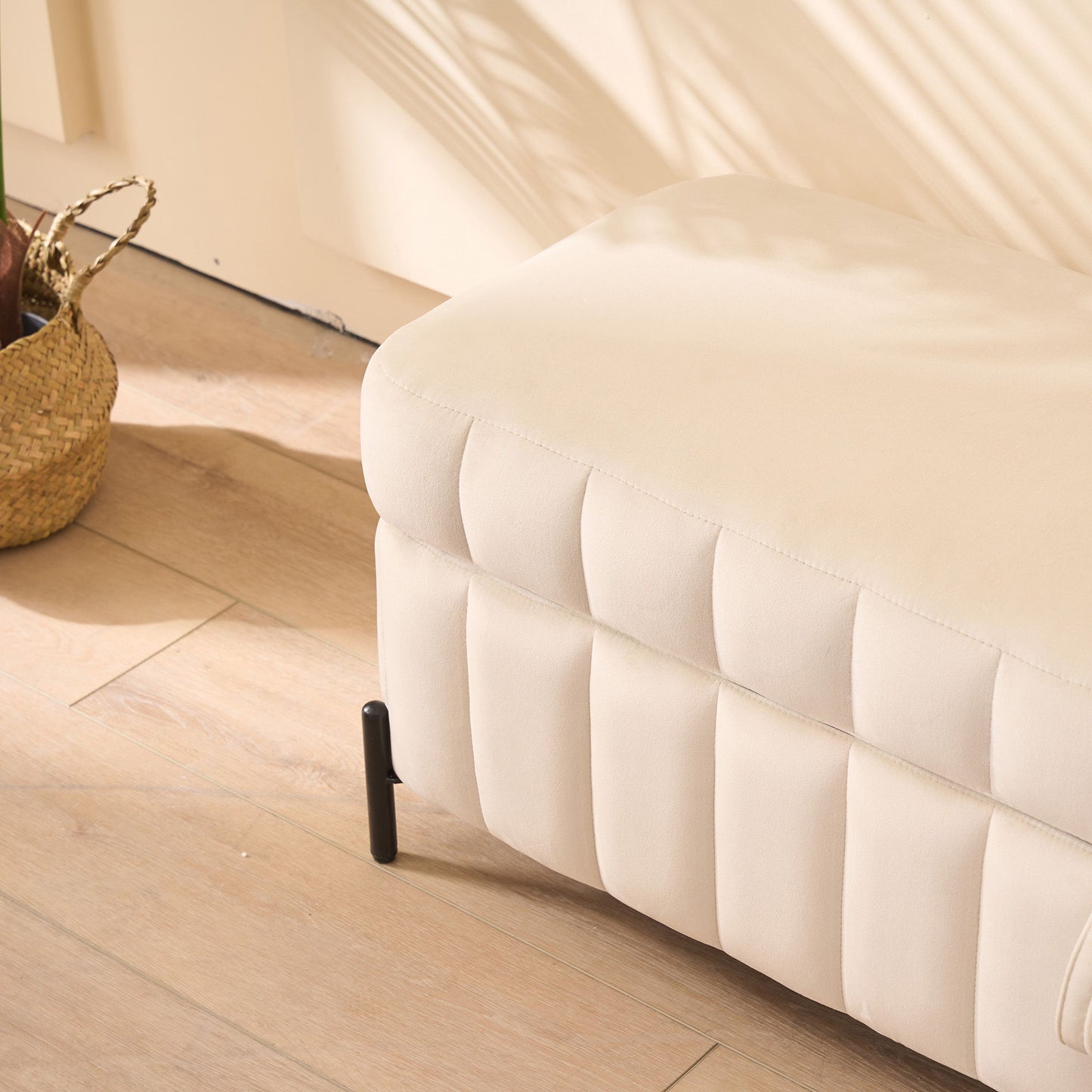 Wide Upholstered Velvet Storage Soft Bench Footstool Ottoman End Of Bed With Metal Legs, Foot Rest For Living Room, Entryway And Bedroom - Beige