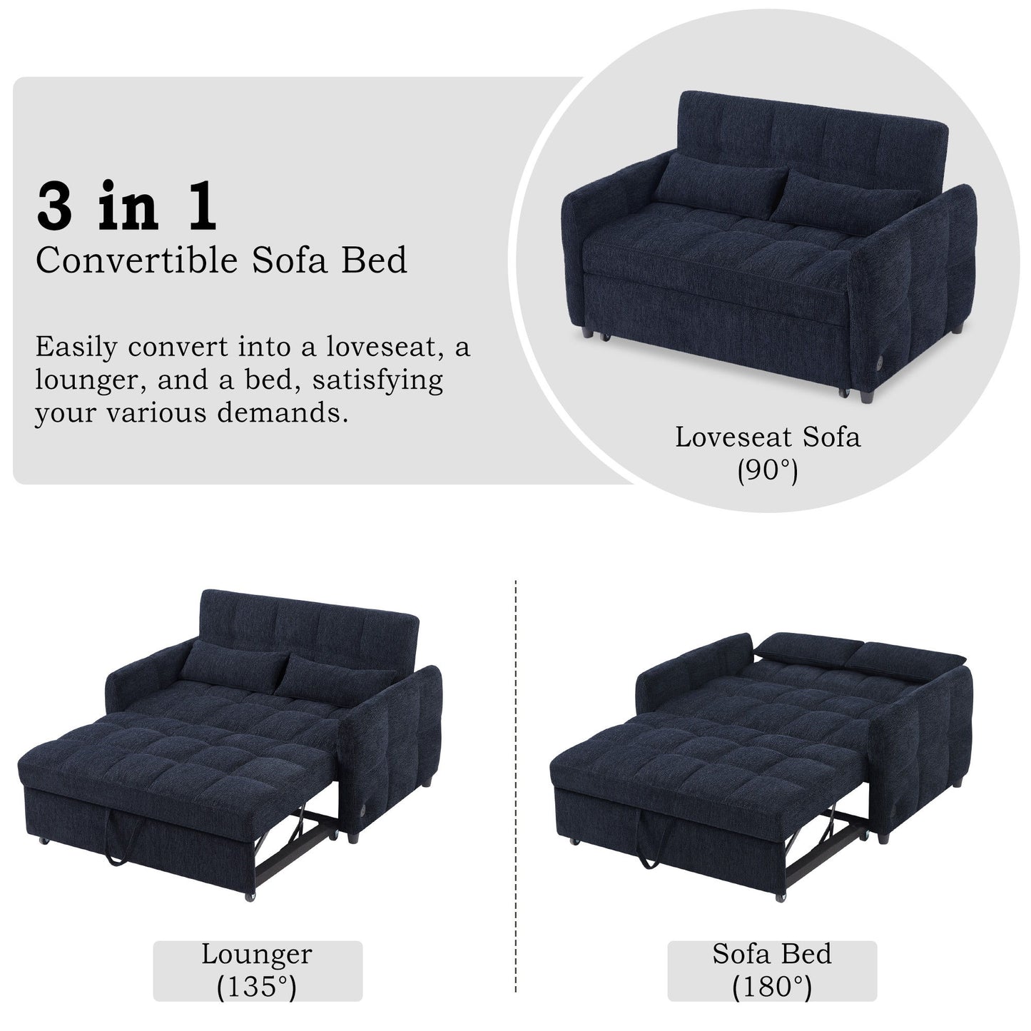 Loveseat Sofa Pull Out Sofa Bed Tufted Sleeper Sofa With An Adjustable Backrest, 3 USB Ports And 2 Lumbar Pillows For Living Room - Blue