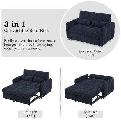 Loveseat Sofa Pull Out Sofa Bed Tufted Sleeper Sofa With An Adjustable Backrest, 3 USB Ports And 2 Lumbar Pillows For Living Room - Blue