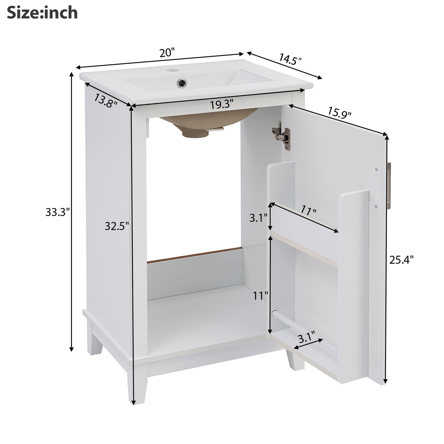 Modern Small Bathroom Vanity Cabinet With Ceramic Basin, Ample Storage, 1 Soft-Close Door - White