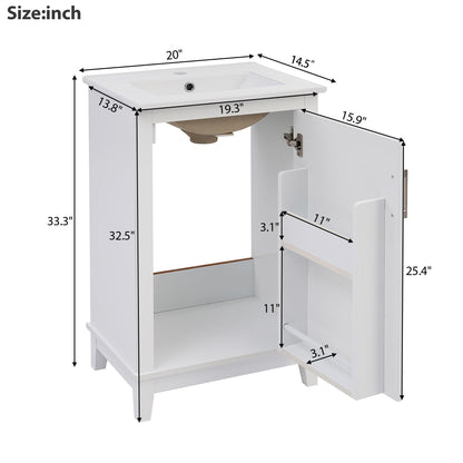 Modern Small Bathroom Vanity Cabinet With Ceramic Basin, Ample Storage, 1 Soft-Close Door - White