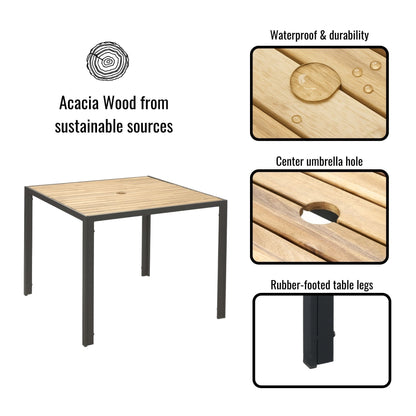 All Weather 5 Piece Patio Dining Table Sets With Acacia Wood Top And Umbrella Hole, Rattan Outdoor - Light Gray