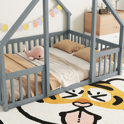 Full Wood House-Shaped Floor Bed With Fence, Guardrails - Gray