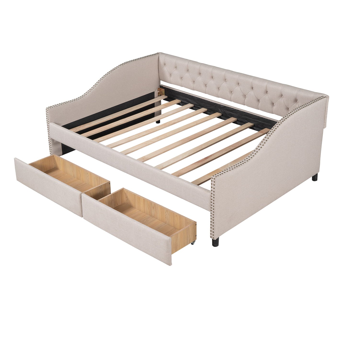 Full Size Upholstered Daybed With Two Drawers, Slat Support - Beige
