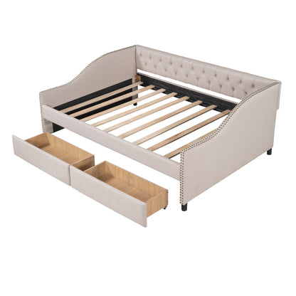 Full Size Upholstered Daybed With Two Drawers, Slat Support - Beige