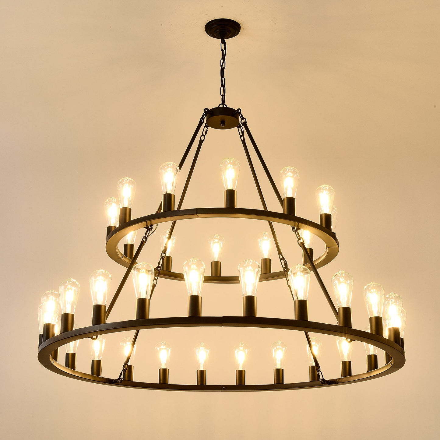 Extra Large Wagon Wheel Chandelier, 2 Tier 36 Lights (No Include) Farmhouse Industrial Round High Ceiling Pendant Light Adjustable Chain, For Dining Room, Living Room, Kitchen - Black