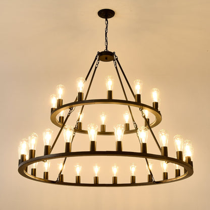 Extra Large Wagon Wheel Chandelier, 2 Tier 36 Lights (No Include) Farmhouse Industrial Round High Ceiling Pendant Light Adjustable Chain, For Dining Room, Living Room, Kitchen - Black
