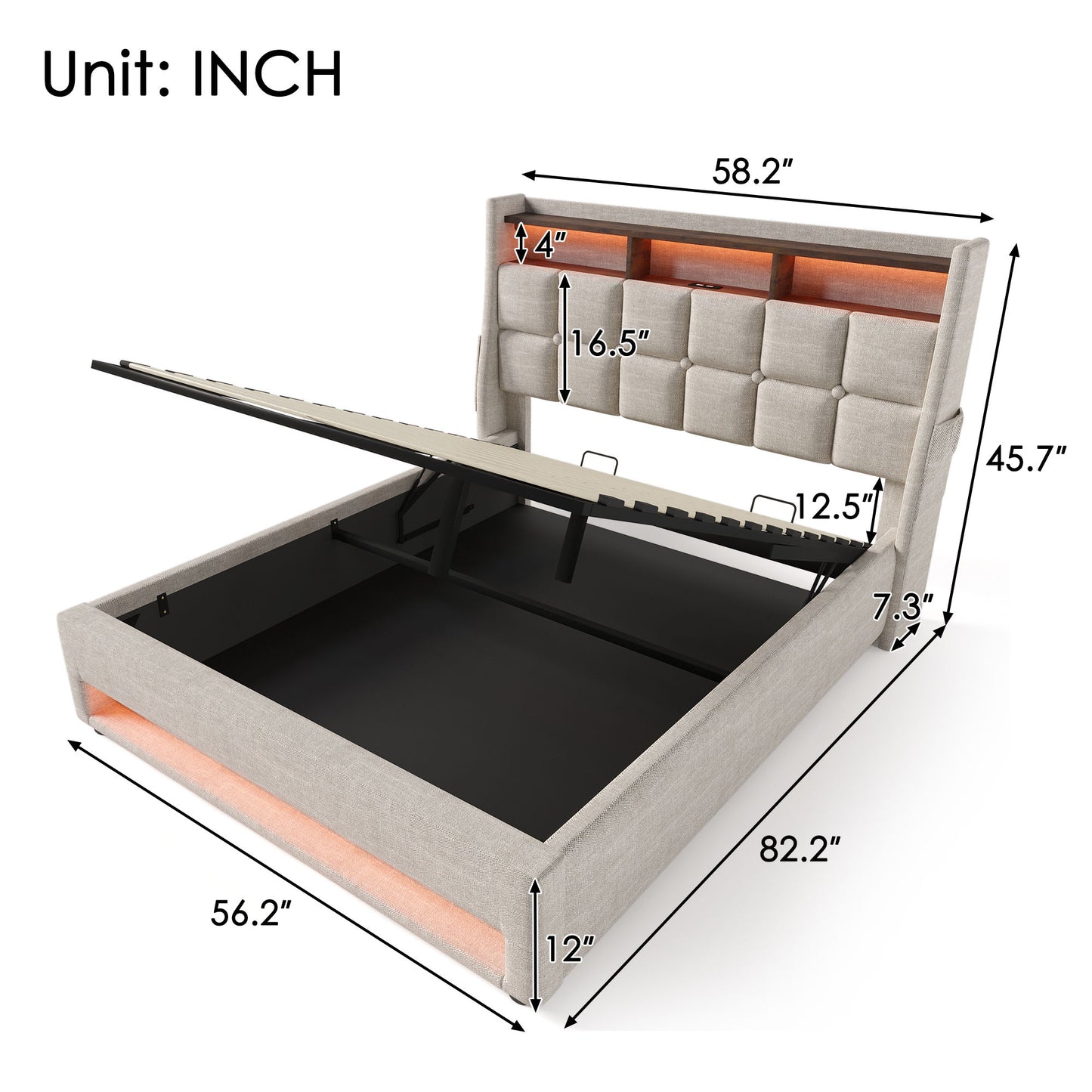 Full Size Upholstered Platform Bed With A Hydraulic Storage System, LED And USB Charging (Without Mattress) - Natural