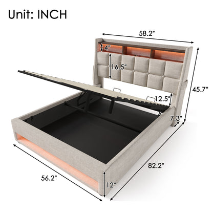 Full Size Upholstered Platform Bed With A Hydraulic Storage System, LED And USB Charging (Without Mattress) - Natural