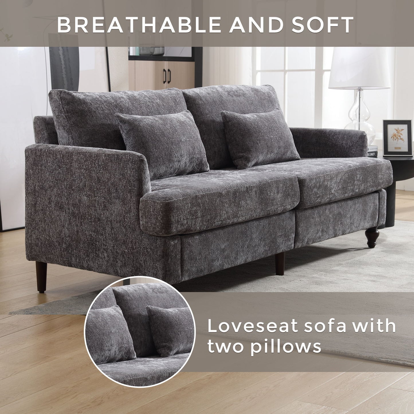 Mid Century Modern Chenille Fabric Loveseat Sofa, 2 Seat Upholstered Couch, Brown Wood Feet - Gray