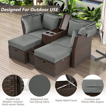 2 Seater Outdoor Patio Daybed Outdoor Double Daybed Outdoor Loveseat Sofa Set With Foldable Awning And Cushions For Garden, Balcony, Poolside - Gray