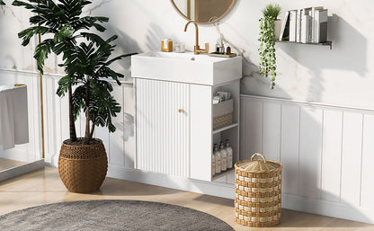 Modern Floating Bathroom Vanity With Ceramic Basin Perfect For Small Bathrooms, Right Side Storage - White