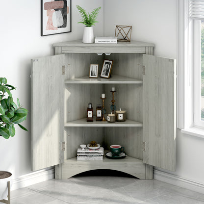 Triangle Bathroom Storage Cabinet With Adjustable Shelves, Freestanding Floor Cabinet For Home Kitchen - Oak