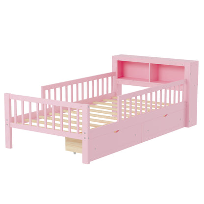 Twin Size Bed With Headboard Storage Rack, 2 Under Bed Drawers, 3 - Side Guardrails For Safety And Security - Pink