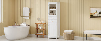 Tall Bathroom Storage Cabinet With Glass Doors, Free-Standing, Two Drawers, And Adjustable Shelves, MDF Board, Painted Perfect For Displaying Your Favorite Items - White