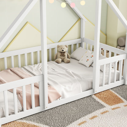 Twin Wood House-Shaped Floor Bed With Fence, Guardrails - White