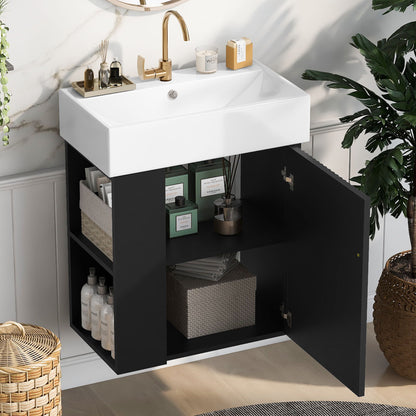 Modern Floating Bathroom Vanity With Ceramic Basin, Perfect For Small Bathrooms, Left Side Storage - Black