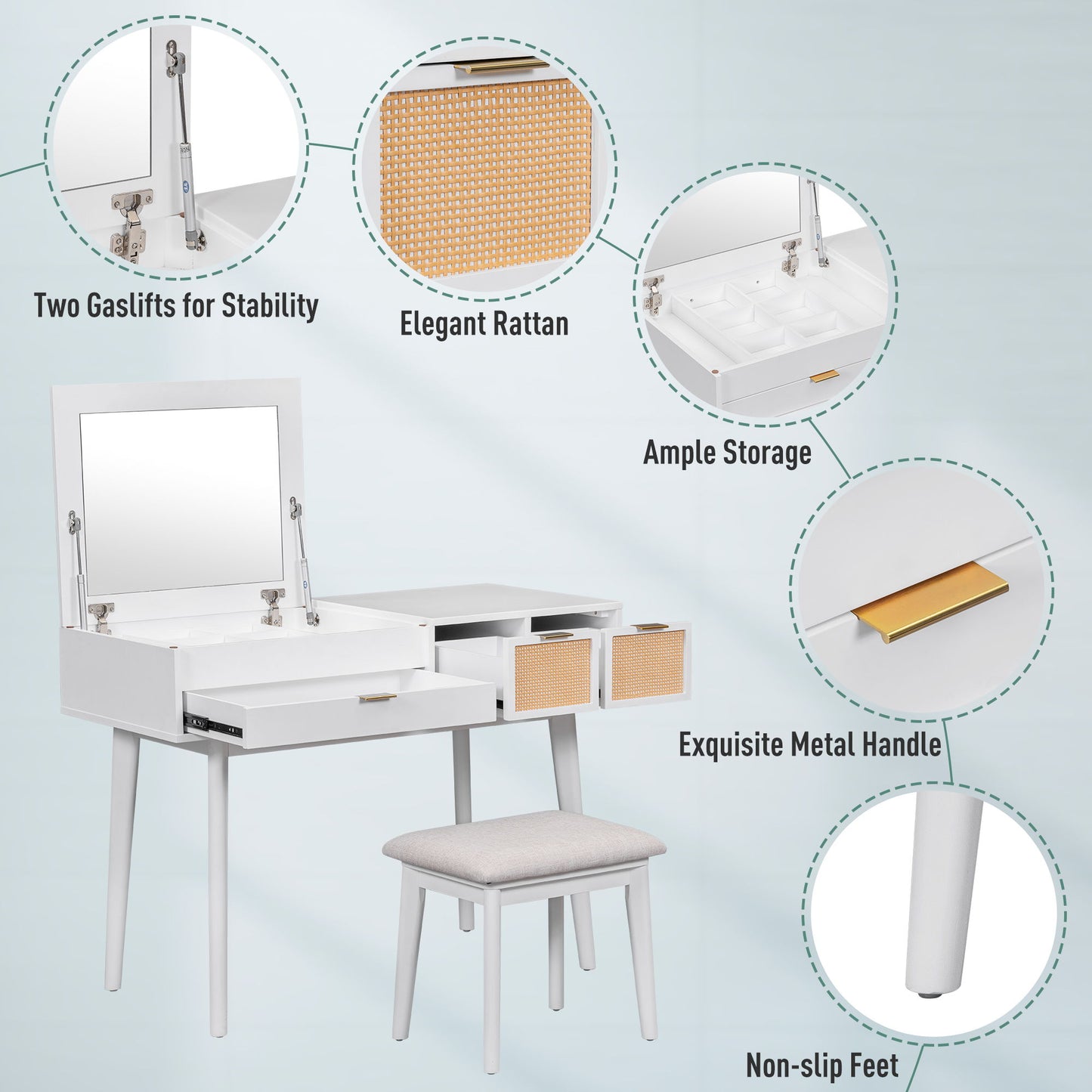Classic Wood Makeup Vanity Set With Flip-Top Mirror And Stool, Dressing Table With Three Drawers And Storage Space - White