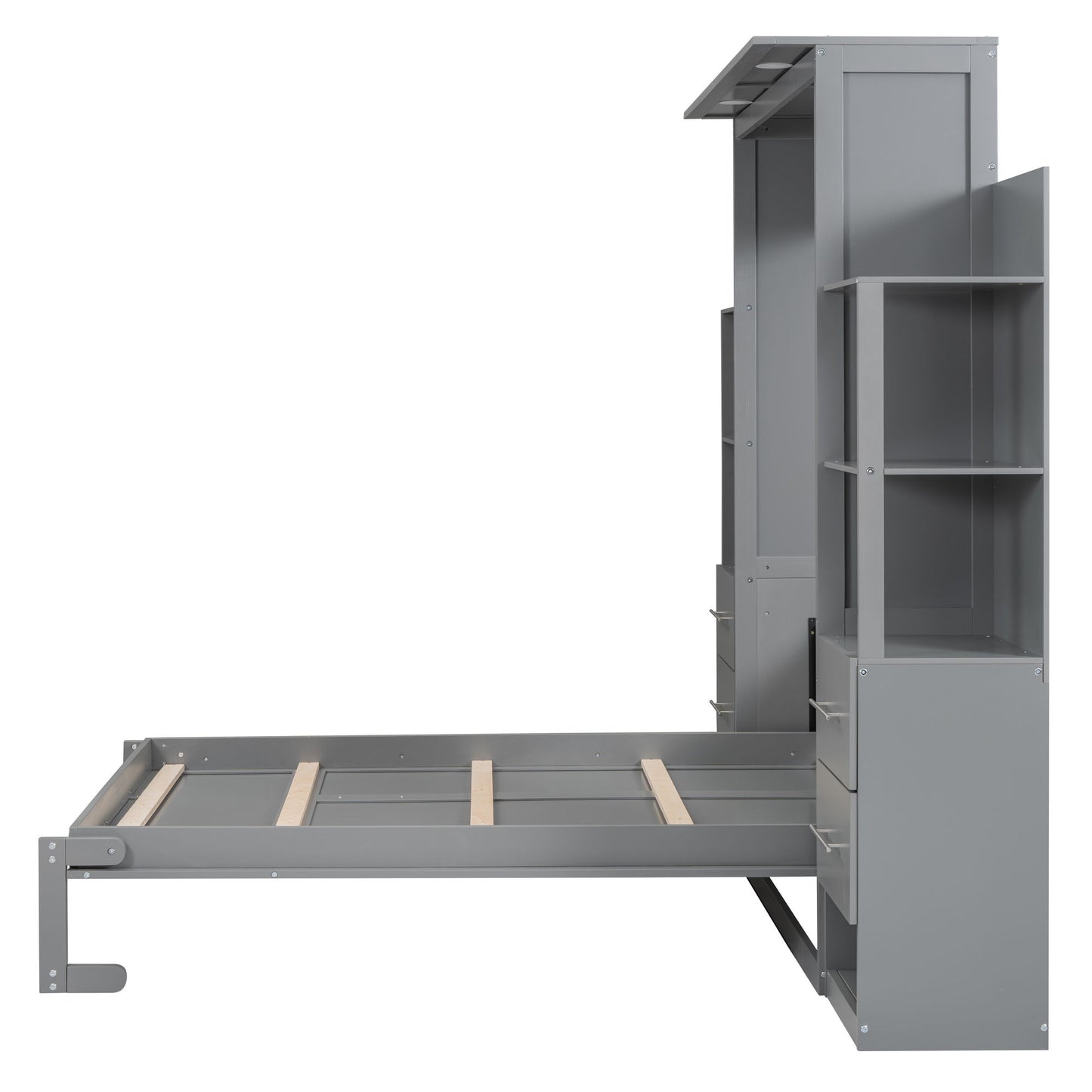Full Size Murphy Wall Bed With Shelves, Drawers And LED Lights - Gray