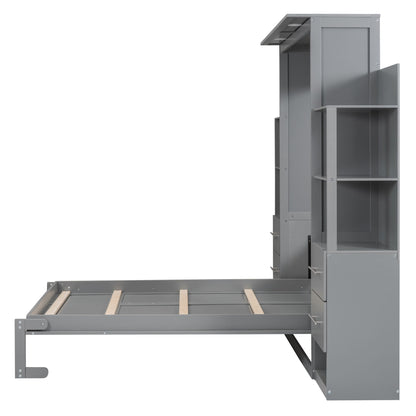 Full Size Murphy Wall Bed With Shelves, Drawers And LED Lights - Gray