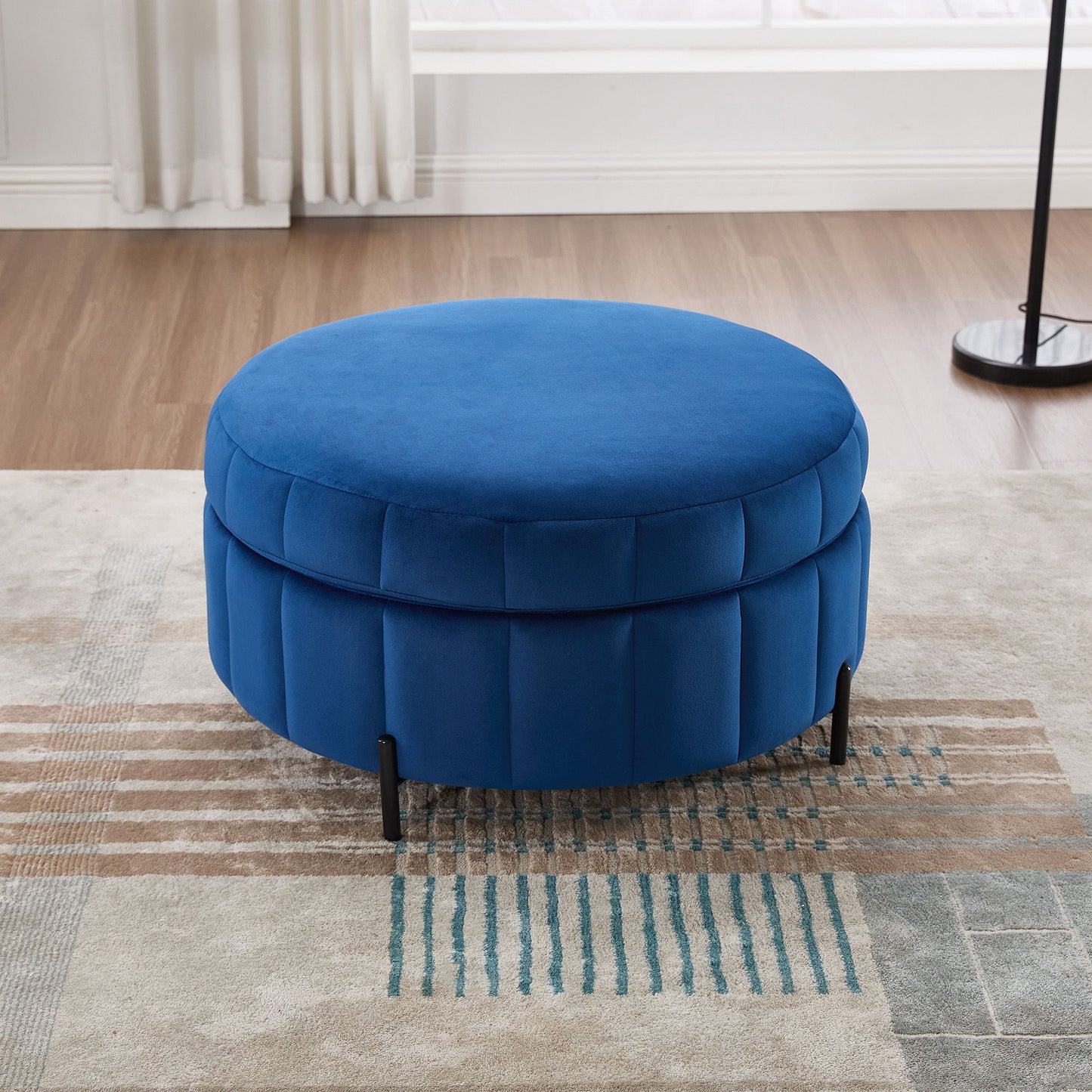 Upholstered Round Ottoman With Reversible Lid, Velvet Storage Stool, Channel Tufted Pumpkin Shape Footstool For Living Room, Bedroom And Office - Navy