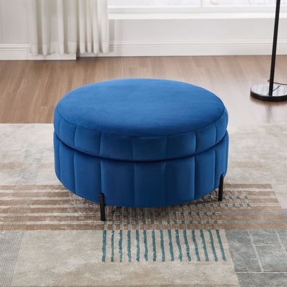 Upholstered Round Ottoman With Reversible Lid, Velvet Storage Stool, Channel Tufted Pumpkin Shape Footstool For Living Room, Bedroom And Office - Navy