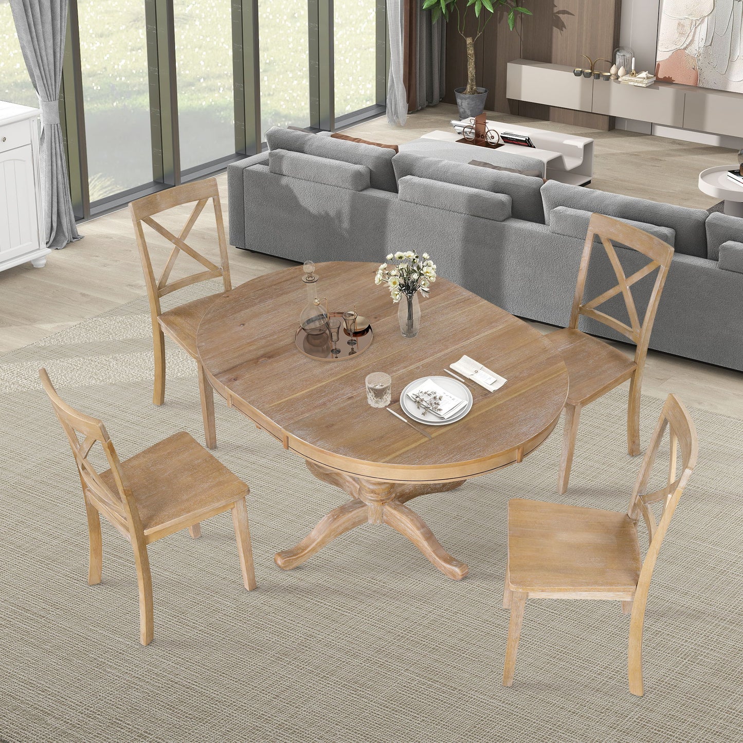 Modern Dining Table Set For 4, Round Table And 4 Kitchen Room Chairs, 5 Piece Kitchen Table Set For Dining Room, Dinette, Breakfast Nook - Natural Wood Wash