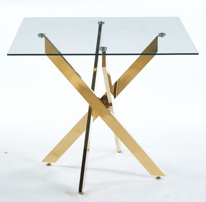 Dining Table With Cross Metal Leg And Tempered Glass, Modern Space Saving Kitchen Table For Living Room, Chrome Legs, Square Table - Golden