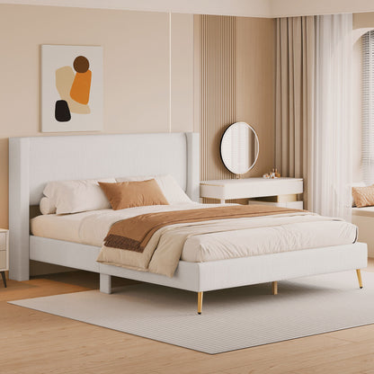 Queen Size Platform Bed With Legs, Frame And Tufted Headboard - Beige