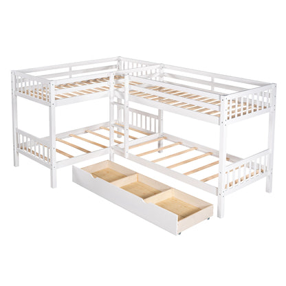 Twin L Shaped Bunk Bed With Drawers - White