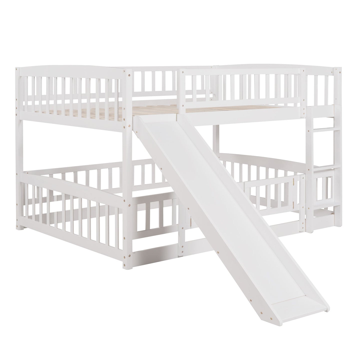 Full Over Full Low Bunk Bed With Slide, Fence And Ladder For Toddler - White