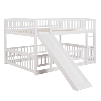 Full Over Full Low Bunk Bed With Slide, Fence And Ladder For Toddler - White