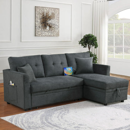 Sectional Sofa Bed L Shaped Sofa Couch Bed With USB Port, Reversible Sofa Couch Sleeper With Pull Out Bed, Chaise With Storage, Pull Out Couch For Living Room - Gray