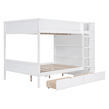 Full Over Full Bunk Bed With 2 Drawers And Multi-Layer Cabinet - White