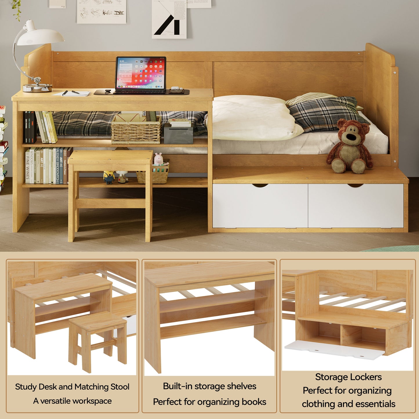 Twin Size Daybed With Storage Shelves And Lockers, Multi Functional Bed With Study Desk And Matching Stool - Natural