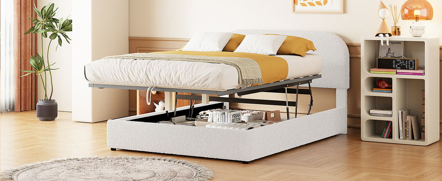 Full Size Upholstered Platform Bed With Hydraulic Storage System - White