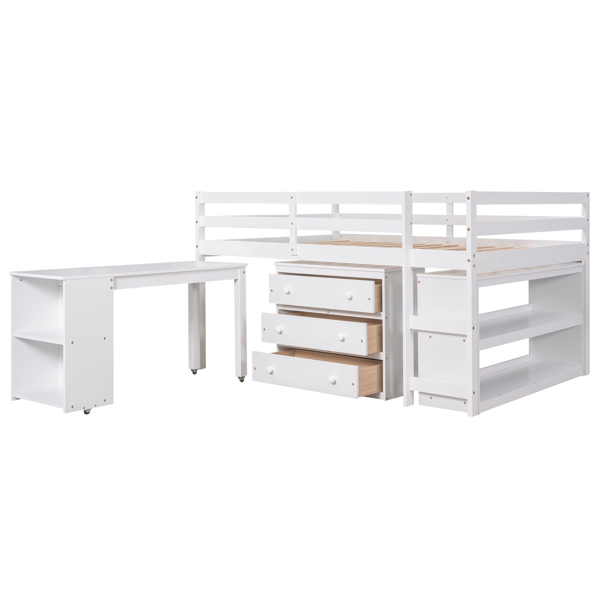 Full Loft Low Study Bed With Cabinet, Shelves And Rolling Portable Desk, Multiple Functions - White