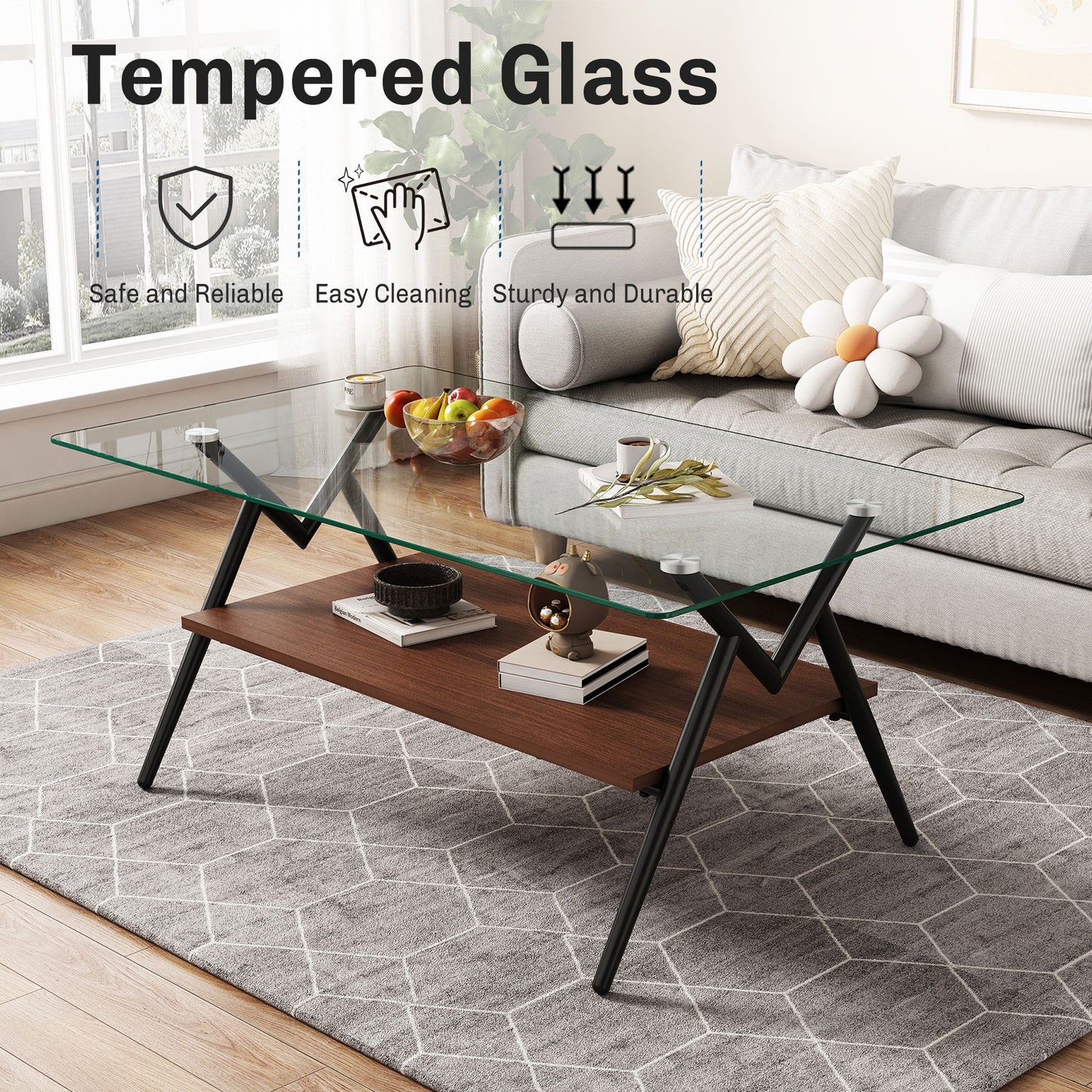 Rectangle Coffee Table With Tempered Glass Top And Metal Legs, Modern Table For Living Room, Transparent Glass - Dark Brown