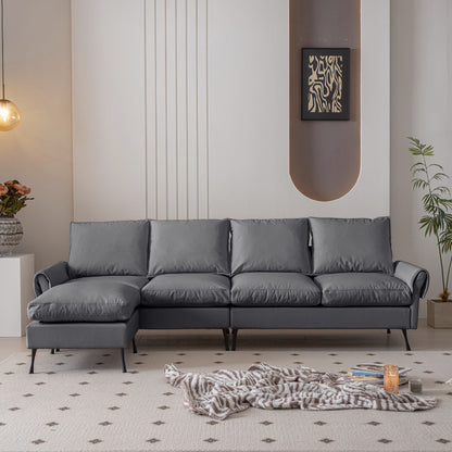 Modern Sectional Technical Leather L-Shaped Sofa Couch With Convertible Ottoman - Dark Gray