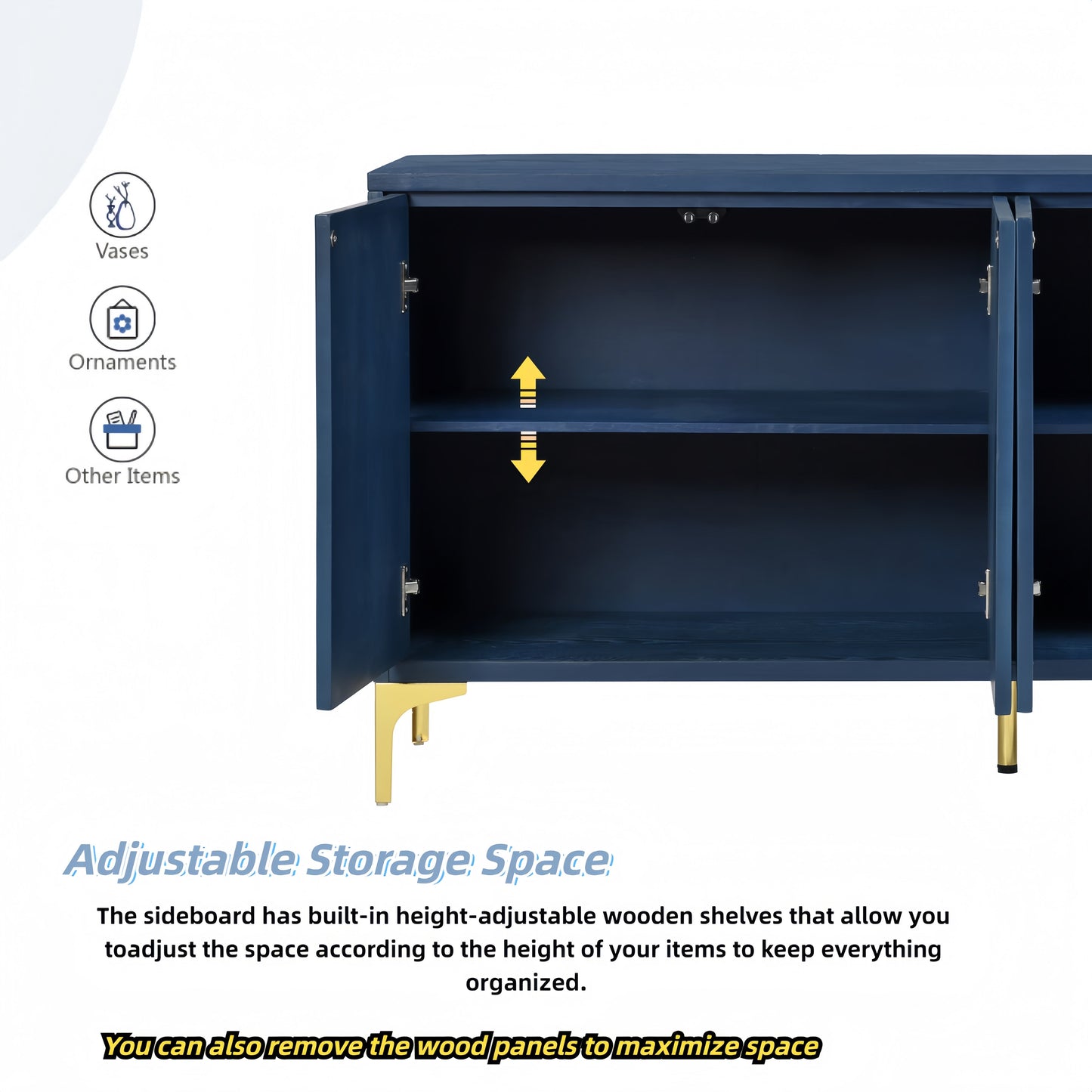 Modern 4 Door Sideboard With Creative Carved Surface And Adjustable Shelves - Light Blue