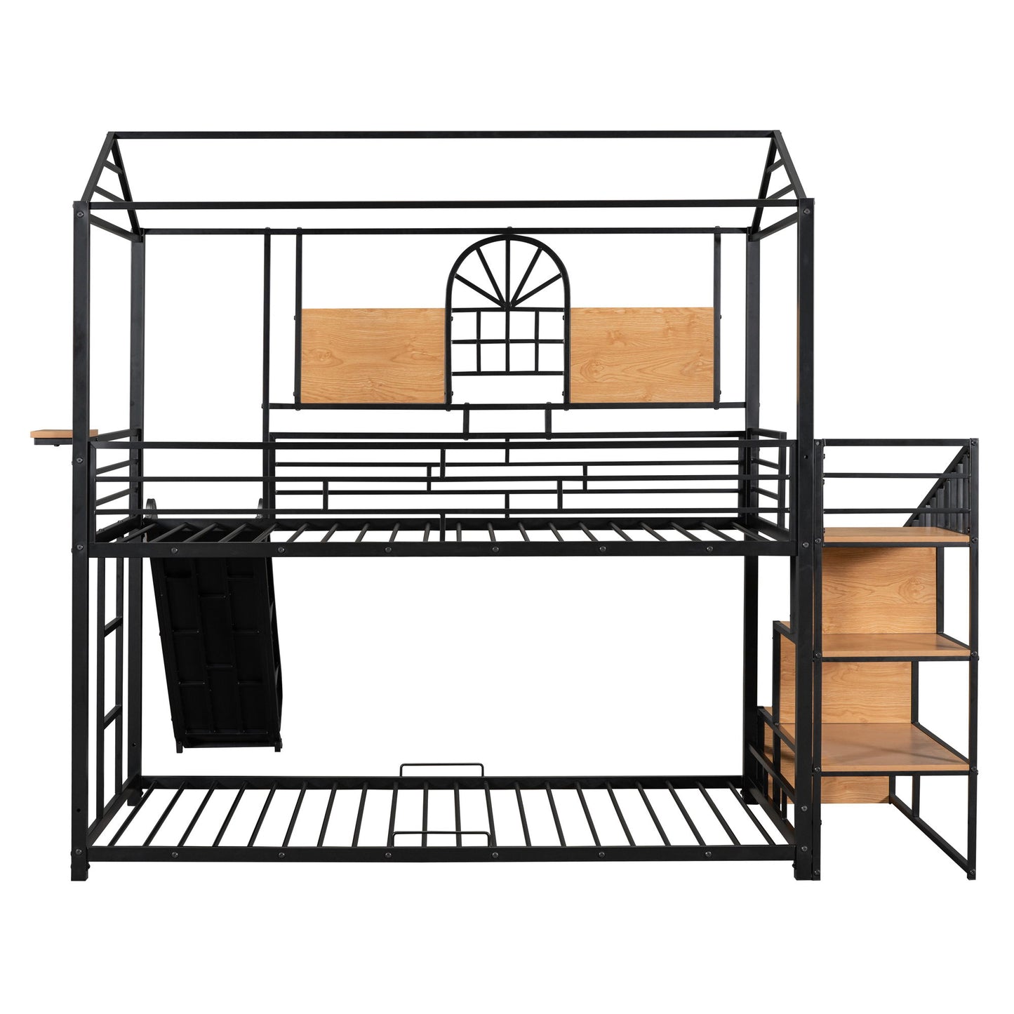 Twin Over Twin Bunk Bed, Housebed With Slide And Storage Stair - Black