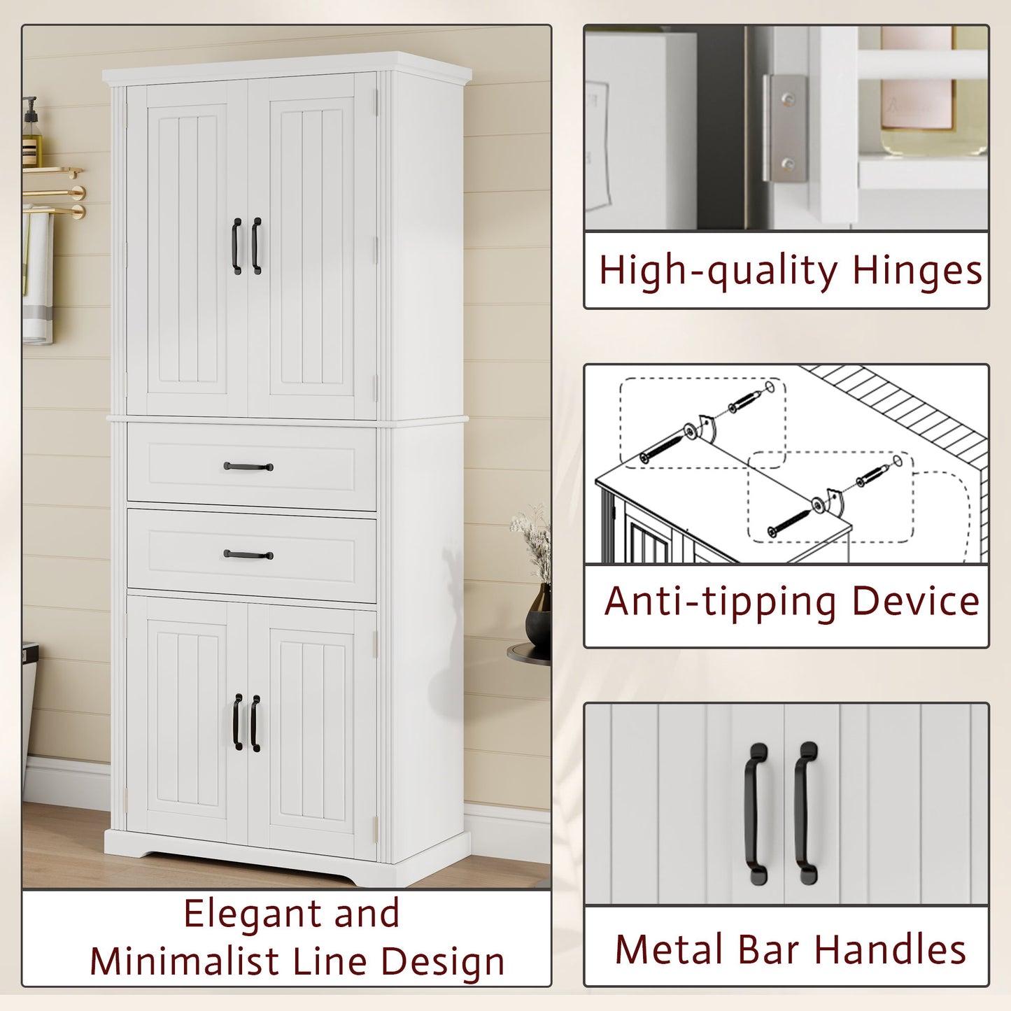 Elegant Multi Functional Storage Cabinet With Slide Rail Drawers, Adjustable Shelves - White