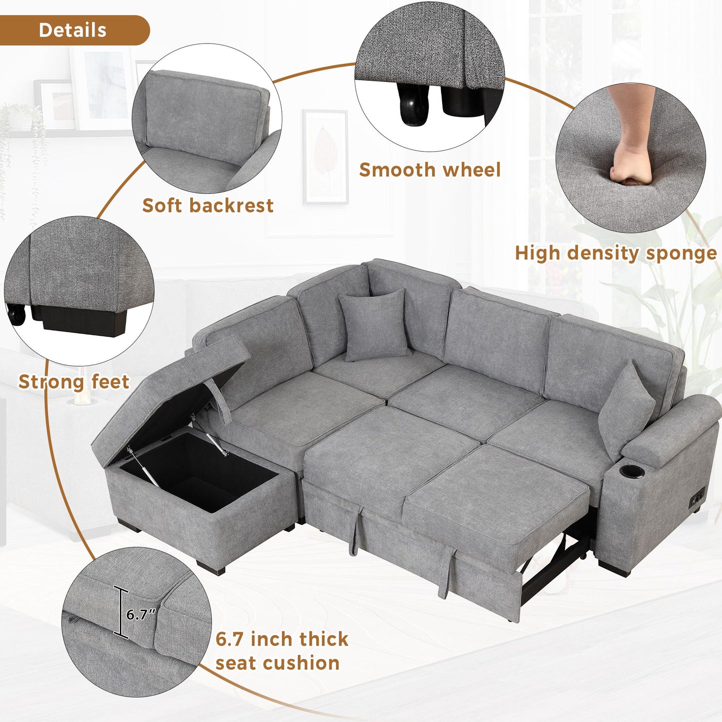 Sleeper Sofa Bed, 2 In 1 Pull Out Sofa Bed L Shape Couch With Storage Ottoman For Living Room, Bedroom Couch And Small Apartment - Gray