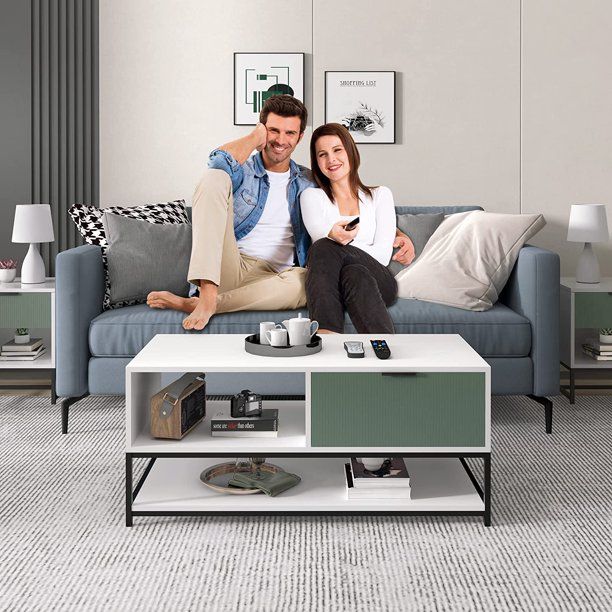 Watson - Wood Coffee Table Steel Frame With Shelves And Drawer - White And Green