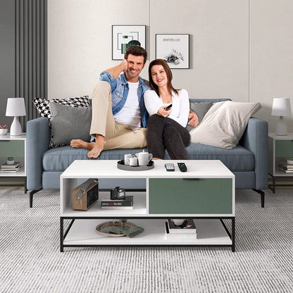Watson - Wood Coffee Table Steel Frame With Shelves And Drawer - White And Green